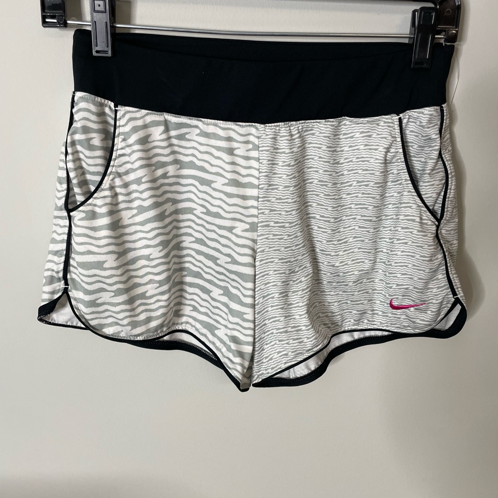 Nike Dri Fit Black Gray Athletic Shorts Swoosh Logo Women’s Large Excellent Cond